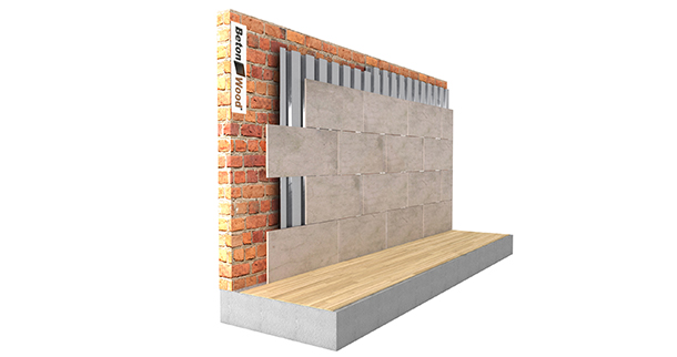 Counter-wall BetonWood on metal sheet system left exposed